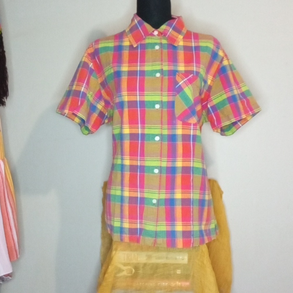 Vintage Carolina Colours Plus Colorful Vibrant Plaid Short Sleeve Shirt Size 16W